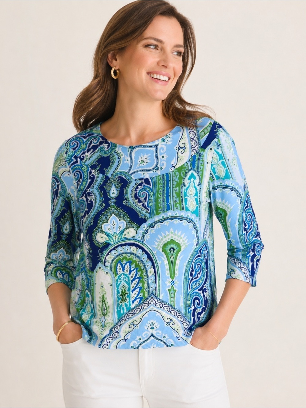 J. MCLAUGHLIN Catalina Cloth Paisley 3/4 Sleeve Top Size Medium